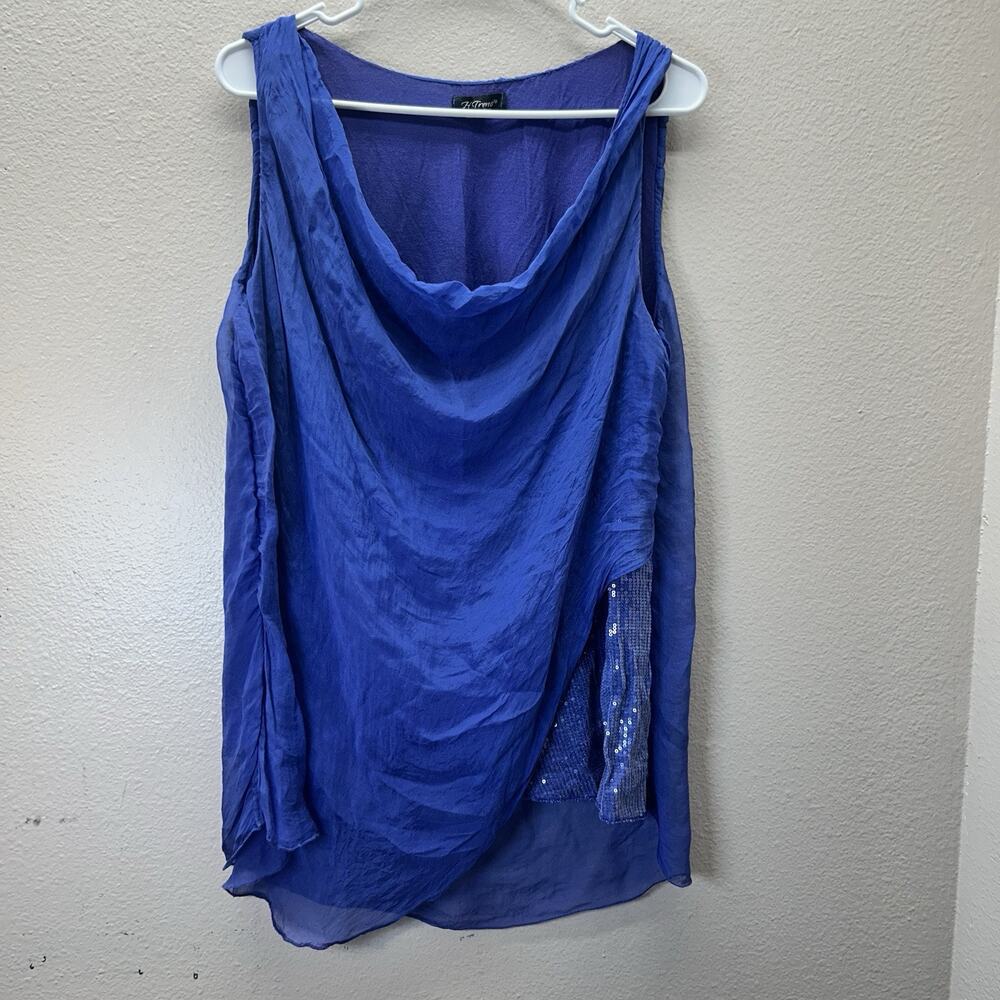 H Trend Made In Italy Purple‎ Silk Floaty Top Sequins Y2K Cowl Neck Lagenlook